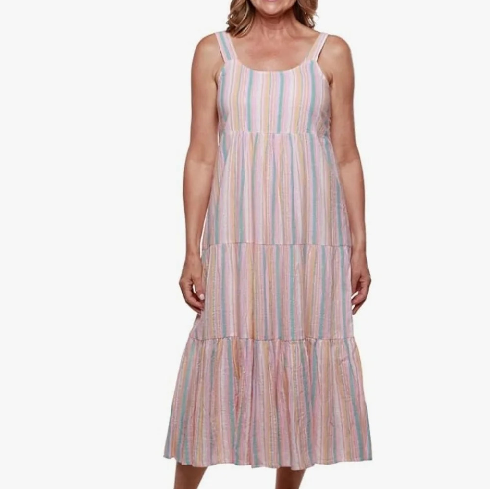 LINDA ANDERSON Summer Stripe Tiered Sun Dress size LARGE